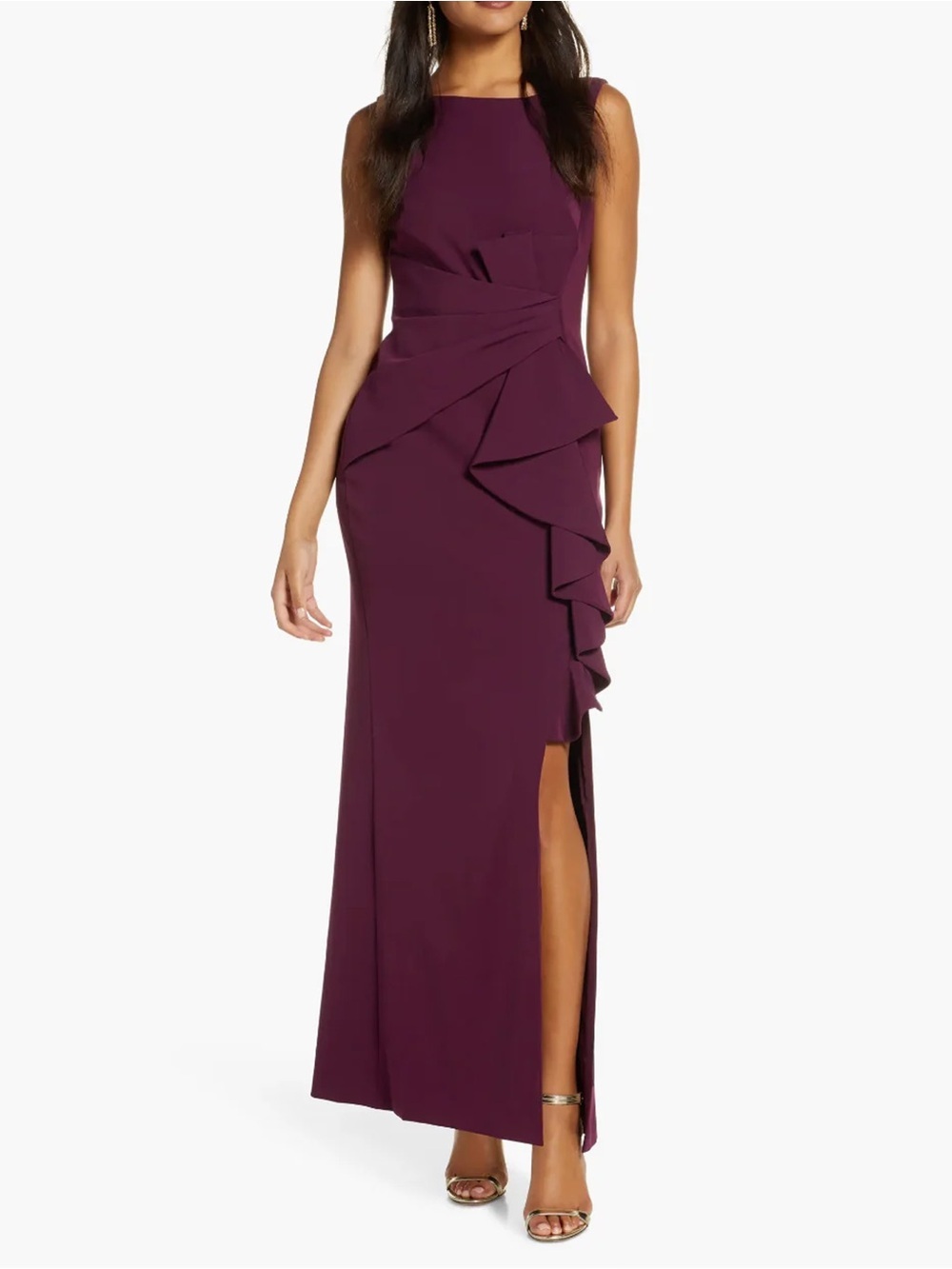 NWT - Eliza J - Sleeveless Cascading-Ruffle Gown - Purple/Wine